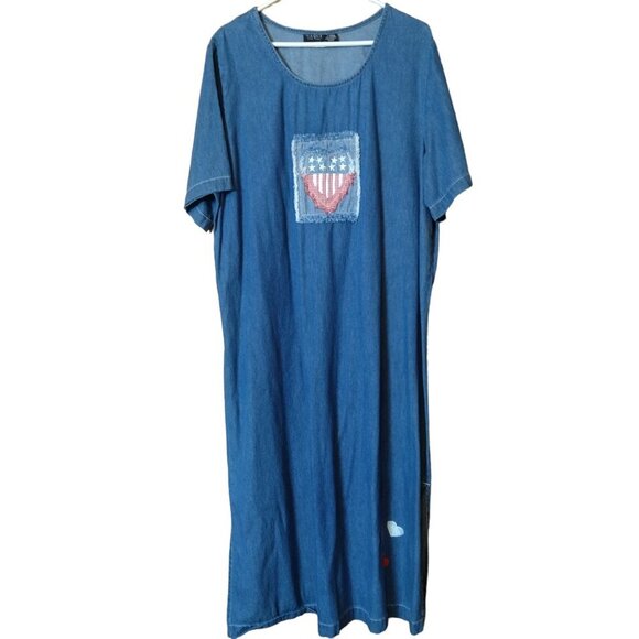 - NAQUI WOMEN'S 24W SHORT SLEEVE JEAN DRESS EMBROIDERED VINTAGE Heart Patriotic - Picture 1 of 6